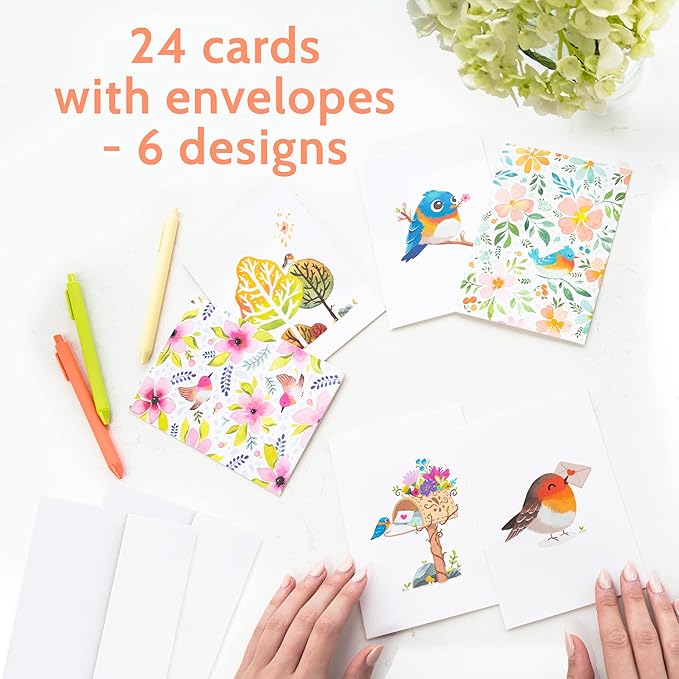 T MARIE 24 Blank Greeting Cards 4.5” x 6.25” with Envelopes and Stickers, Card Assortment Pack for All Occasions - Floral Watercolor Birds Boxed Set