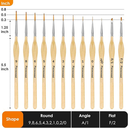 12PC Miniature Brushes, Pacocoast Detail Paint Brushes Set for Fine Detailing & Art Painting, Small Tiny Paint Brush Perfect for Acrylic, Paint by Number, Figurine, Craft, Models (Silver, Wood)