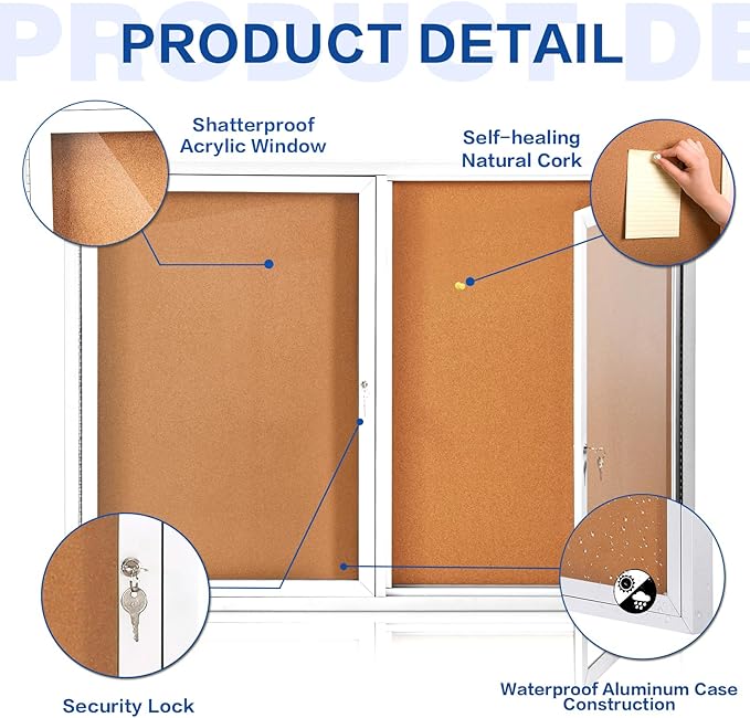 SWANCROWN Weather Resistant Enclosed Bulletin Board Cork Displays Boards Wall Mounted Notice Case with 2 Locking Door