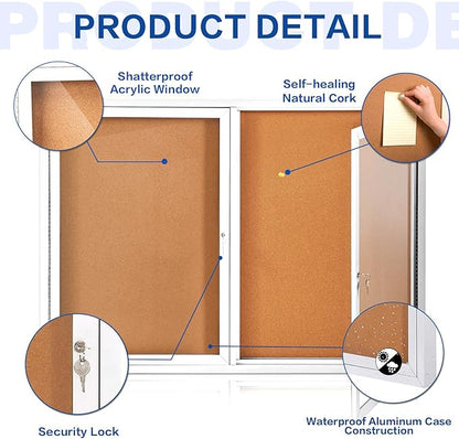SWANCROWN Weather Resistant Enclosed Bulletin Board Cork Displays Boards Wall Mounted Notice Case with 2 Locking Door
