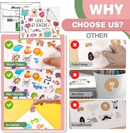 30 PCS Printable Vinyl Sticker Paper for inkjet printer & Laser Printer,Standard Letter Size 8.5"x11",Waterproof Sticker Paper Dries Quickly Vivid Colors,Matte White