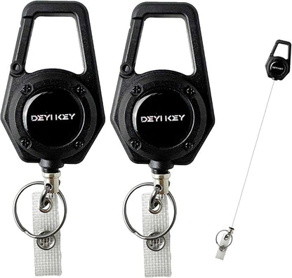 Retractable Keychain Heavy Duty, Multitool Carabiner Badge Holder, Retractable Keychain Clip Id Holder, Tactical ID Badge Reel with 29.5" Steel Retractable Cord, 2Pack Black