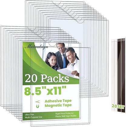 20 Pcs Wall Sign Holder 8.5"x11" Magnetic Sign Holder, Rigid Print Protectors with Adhesive & Magnetic Tapes, Wall Mount Plastic Paper Holder for Office Store Home Window Display (Clear)