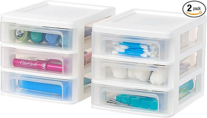 IRIS USA Plastic Stacking Desk Top 3-Drawer Storage Organizer, 2-Pack, for Makep Vanity Nail Polish Bathroom Stationery Art Craft Supplies Kitchen Office Garage and Small Organization, Small, White