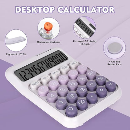 Mechanical Switch Calculator with Big Buttons, Calculators Desktop, 12 Digits, Solar Battery Power, Desk Calculator, Large LCD Display,Cute Purple Calculator for Teachers Students Basic Office
