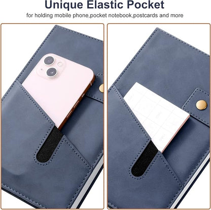 A5 Leather Journal Notebook with Pen, 200 Pages Hardcover Journal with Pocket, 100gsm Thick Lined Paper Daily Diary for Men and Women, Great Gift for Business School Travel Personal - Blue