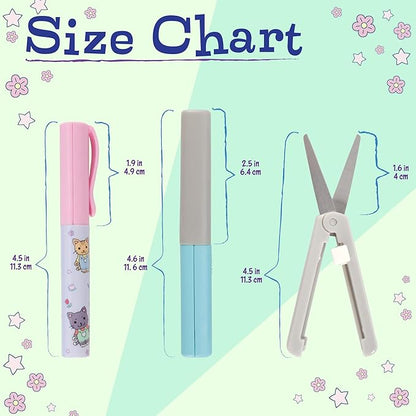 JubileeYarn Portable Travel Safety Scissors, Pen & Push Folding Style - Garden Kitty Pen, Light Blue Pen, Grey Push