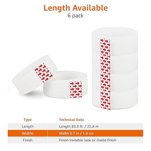 Amazon Basics Matte Finish Tape, 6 Pack, 2.1 x 0.75 inch, Translucent