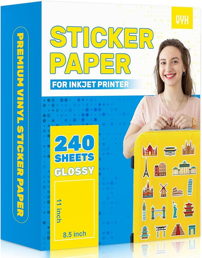 QYH Sticker Paper Printable Vinyl for Inkjet Printer - 240 Sheets White Glossy Sticker Papers 8.5x11 In Label Stickers for Cricut/Silhouette Waterproof Dries Quickly & Tear Resistant Easy to Cut