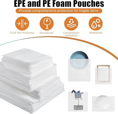 100 Pcs Foam Pouches, 4 Size Thicken Cushion Foam Pouches, Packing Moving Supplies Foam Sheets for Packing with Fragile Labels (14 x 14 Inch, 12 x 12 Inch, 12 x 7.5 Inch, 7.5 x 7.5 Inch)