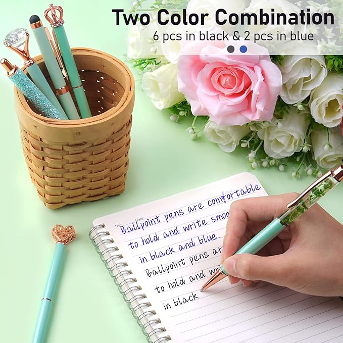 WEMATE 8Pcs Ballpoint Pens Set Metal Crystal Diamond Pen Glitter Pen for Journaling Green Pen Bling in Black & Blue Ink Pretty Cute Pens Fancy Pens Gifts for Women Wedding School Office Desk(Green)