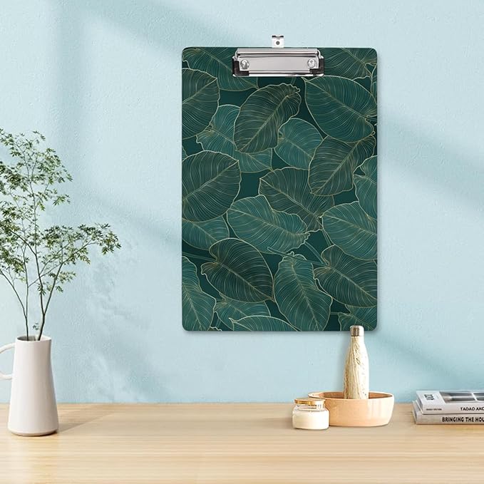 WAVEYU Fashion Cute Clipboard, Decorative Office School Hardboard Wood Nursing Clip Board for Standard A4 Letter Size for Students, Women, Men and Kids, 12.5"x 9", Green Leaves