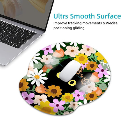 Ergonomic Mouse Pad with Wrist Support,Flower Cute Black Cat Mouse Pad with Wrist Rest,Relieve Wrist Pain Mousepad Non-Slip Rubber Base,Mouse Pads for Desk,Computers,Laptop,Office,Home,Accessories