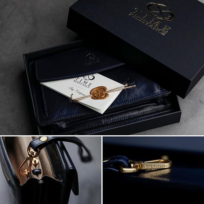 Time Resistance Leather Clutch for Men Organizer Wrist Bag Briefcase Handmade in Italy Gift Box Included