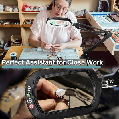 10X Rectangle Magnifying Glass with Light, 5 Color Modes Stepless Dimmable Magnifier with Stand, LED Lighted Clamp Desk Lamp with Swing Arm, Hands Free for Reading Painting Crafts Close Work