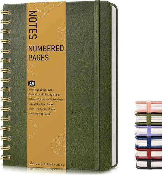 Lined Spiral Journal Notebook, A5 Hardcover Spiral Journals for Women Men, 150 Numbered Pages Spiral Bound Notebook, 100 GSM College Ruled Notebooks for Writing Note Taking 5.75" x 8.38", Olive Green