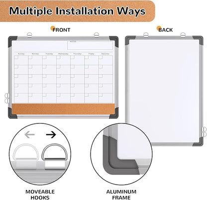 Monthly Calendar Whiteboard Dry Erase Cork Board Combination for Wall, 17"x13" Magnetic Dry Erase Board, Double-Sided White Board, Portable Board for Office, Kitchen, Planning, Memo, School, Home