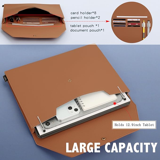 Toplive Document File Folder, Waterproof PU Leather A4 Letter Envelope Folder Case File Organizer Dual Layers Stylish Document Holder with 8 Card Holder 2 Pen Loop for Travel Office School, Brown