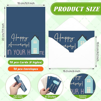 48 Pcs Happy Home Anniversary Cards with Envelopes Bulk Blank Welcome House Cards Real Estate Thank You Notes Housewarming Gifts for Clients Neighbors, 4 x 6 in(Pastel)