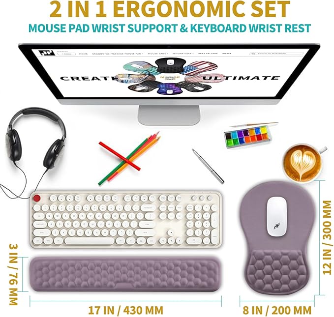Hokafenle 2 in 1 Ergonomic Mouse Pad Wrist Support & Wrist Rest for Computer Keyboard Set, with Relieve Carpal Tunnel Pain Massage Bulge and Full Memory Gel Design (2In1 Set, Purple)