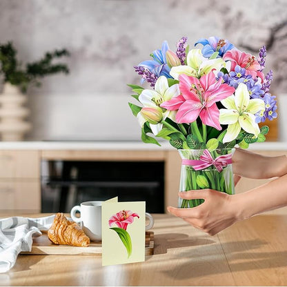 Airpark Pop Up Bouquet Card, Lillies & Lupines, 12 inch Paper Flowers 3D Popup Cards with Note Card and Envelope for Birthday and Gifts, Get Well for Women Kids, Easter Decor