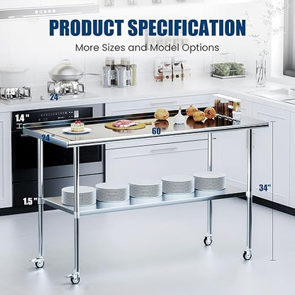 Stainless Steel Table with Wheels 24 x 60 Inches Metal Prep Table with Backsplash & Adjustable Undershelf for Commercial Kitchen, Outdoor, Restaurant, Hotel & Garage