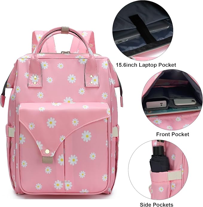 Flowers Laptop Backpack College School Backpack Bookbags Nurse Backpacks Travel Bags for Women Girls Fits 15.6 Inch Notebook (Daisy Pink)