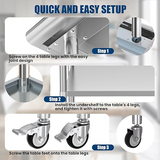 Stainless Steel Table with Wheels 18 x 48 Inches Metal Prep Table with Backsplash & Caster, Adjustable Undershelf for Commercial Kitchen, Outdoor, Restaurant, Hotel & Garage