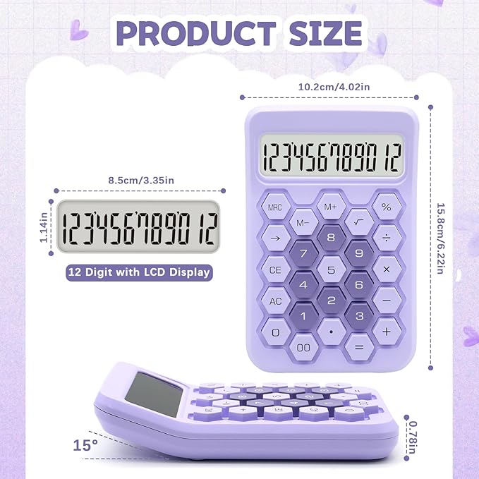 Purple Calculator, Standard Calculator,12 Digit Large LCD Display,Basic Office Calculator with Hexagonal Button,Purple Office Supplies and Desk Accessories,Gifts for Coworkers