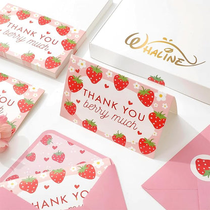 Whaline 50 Packs Strawberry Thank You Cards Red Pink Strawberry Flower Greeting Cards Blank Note Cards Boxed with Envelopes and Stickers for Birthday Baby Shower, 4 x 6 Inch