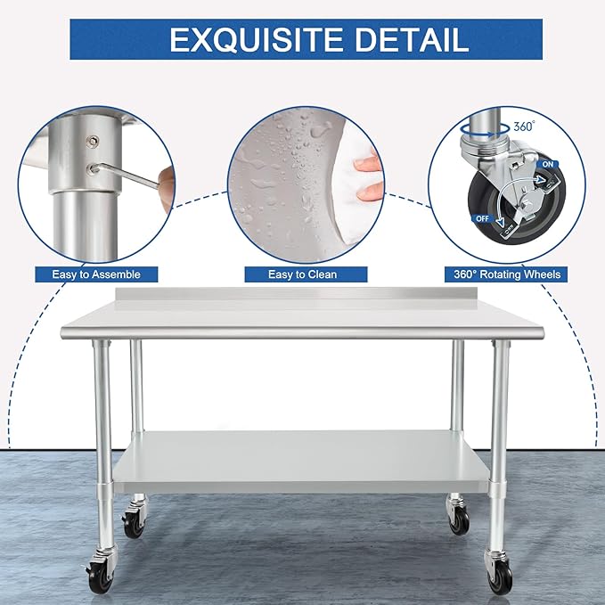 HARDURA Stainless Steel Table 30 x 48 Inches with Wheels Casters NSF Heavy Duty Commercial Prep Table with 2” Backsplash and Adjustable Undershelf for Restaurant Kitchen Home and Hotel