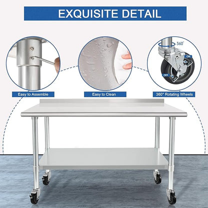 HARDURA Stainless Steel Table 30 x 48 Inches with Wheels Casters NSF Heavy Duty Commercial Prep Table with 2” Backsplash and Adjustable Undershelf for Restaurant Kitchen Home and Hotel