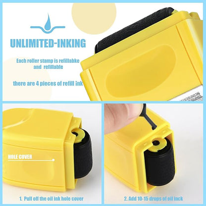 Nezyo 2 Pack Identity Protection Roller Stamp Identity Theft Stamp Confidential Roller Stamp Privacy Stamp Information Blocker Stamp and 4 Pack Refill Ink for ID Account Data Address Security(Yellow)