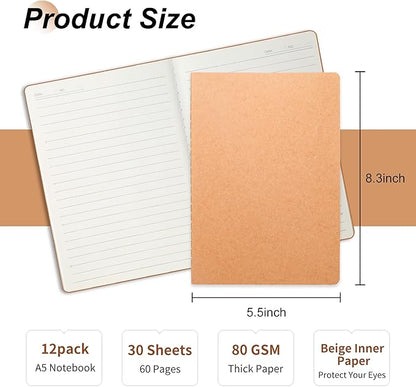 miikoul 12 Pack A5 Kraft Paper Notebook Lined Journal Bulk, 8.3 x 5.5 Inch, 60 Pages/30 Sheets, 80GSM, Travel Notebook Notepad for Adult, Students, Gift, School, Office Supplies