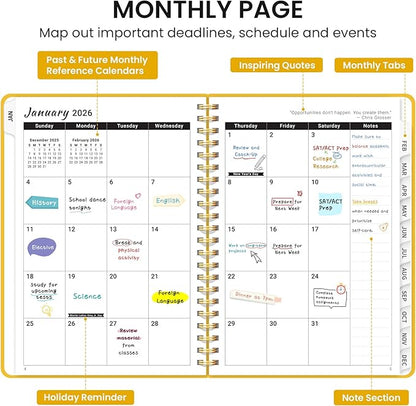 2026 Planner, Weekly and Monthly Calendar Planner, January 2026 - December 2026, Hardcover 2026 Calendar Planner Book with Tabs For Women & Men, Inner Pocket, Spiral Bound, Perfect for Office Home School Supplies - A5 (6.3" x 8.5"), Yellow