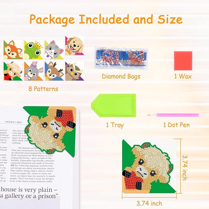 Anseal 8 Pcs Animals Diamond Art Painting Bookmark, Rhinestone Crystal Corner Bookmarks for Book Lovers, Triangle Embroidery Painting Arts Crafts Book Mark for Kids