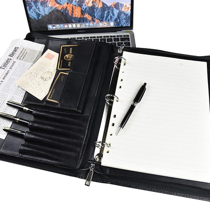 Free Engraved Name, Custom Ring Binder Portfolio, Professional Padfolio Vegans Leather, Document Organizer Folder, Zippered Organizer for 8.5 * 11 inch A4 Letter Legal Pad, Gift for Women/Men, Black