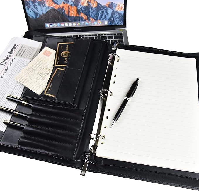 AZXCG Padfolio for Men, 3 Ring Binder Portfolio Folder Vegans Leather, Personalized Padfolio with A4 Notepad Holder, Business Legal Pad Document Organizer, Handmade Zipper Binder Padfolio, Black