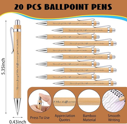 20 Sets Employee Appreciation Gifts Inspirational Spiral Notebooks with Sticky Notes Notepads Motivational Bamboo Ballpoint Pens for Nurse Coworker Teacher (NEVER FORGET)