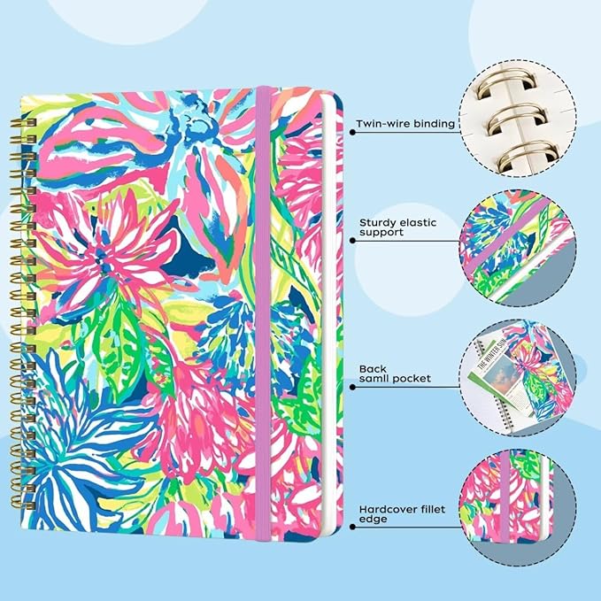 Spiral Notebook - A5 Spiral Notebooks, 8.3'' × 5.8'', 160 Pages, Aesthetic Journaling Notebooks for Women, College Lined Notebook with Elastic Closure, Back Pocket, for School Office, Color printing