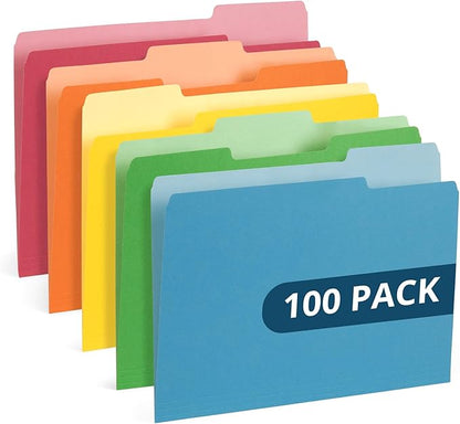 100 Blue Summit Supplies Colorful File Folders with Tabs, Multi Colored File Folders Letter Size, Colored Manilla Folders, Assorted Colors, Durable 11pt Paper, 1/3 Cut Top Tabs, Bulk 100 Pack