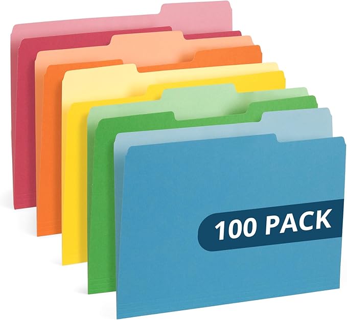 100 Blue Summit Supplies Colorful File Folders with Tabs – Multi Colored File Folders, 1/3 Cut Top Tabs, Letter Size, Durable 11pt Paper, Two Tone, Assorted Colors, Bulk 100 Pack