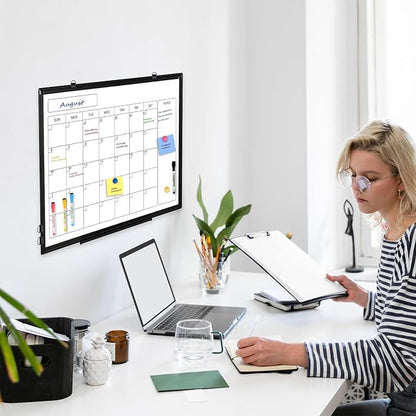 Monthly Calendar Dry Erase Whiteboard, 30" x 20" Magnetic Calendar White Board, Double-Sided Portable Board with Black Aluminium Frame for Office, Kitchen, School, Home