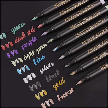 Dyvicl Metallic Brush Marker Pens - Metallic Pens Art Markers for Calligraphy, Brush Lettering, Black Paper, Rock Painting, Card Making, Scrapbooking, Fabric, Metal, Ceramic, Wine Glass, Set of 9