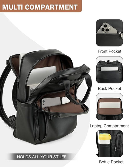 MASINTOR Leather Laptop Backpack for Women, Stylish Computer Backpack College Business Work Shoulder Bags Work and Travel Black