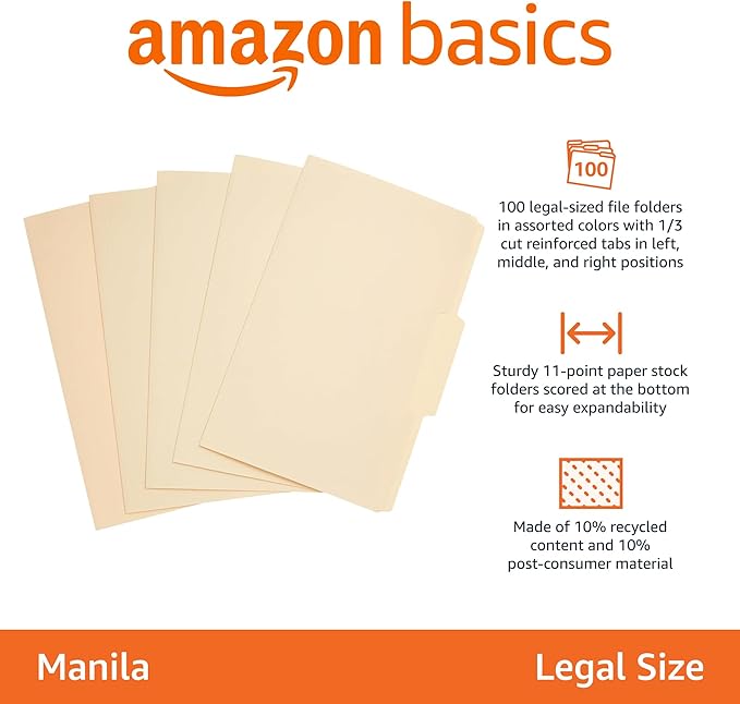 Amazon Basics Sturdy Manila File Folders, 1/3 Tabs in Assorted Positions for Filing, Legal Size, 8.5 x 14 inch - Pack of 100