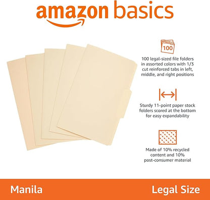 Amazon Basics Sturdy Manila File Folders, 1/3 Tabs in Assorted Positions for Filing, Legal Size, 8.5 x 14 inch - Pack of 100