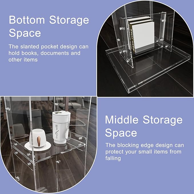 Acrylic Podium Stand With Storage Shelf,Segmented Transparent Lecterns & Podiums,Pulpits For Churches、Conference、Speeches、Weddings、Classroom、Concert,43" H Professional Presentation Podiums