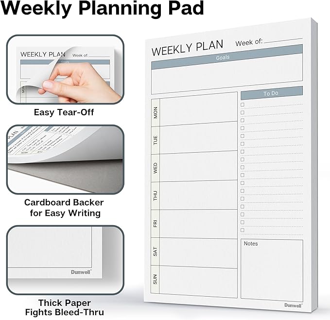 Dunwell Weekly Planner Pads 5.5x8.5, 2-Pack, Each with 54 Tear-Off Pages, Small To Do List Planner, Weekly Schedule Planner Pad, Undated Weekly Planning Desk Pad with To Do List, Goals, Notes
