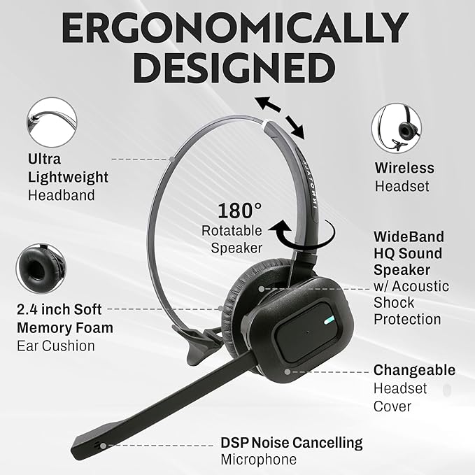 INNOTALK - Desk Phone Wireless Headset with RJ9 Adapter, 10-Hour Talk Time Handsfree Phone Headset, Office Phone Headset for Desk Phone, 300 Ft. Long Range Wireless Headset, W780